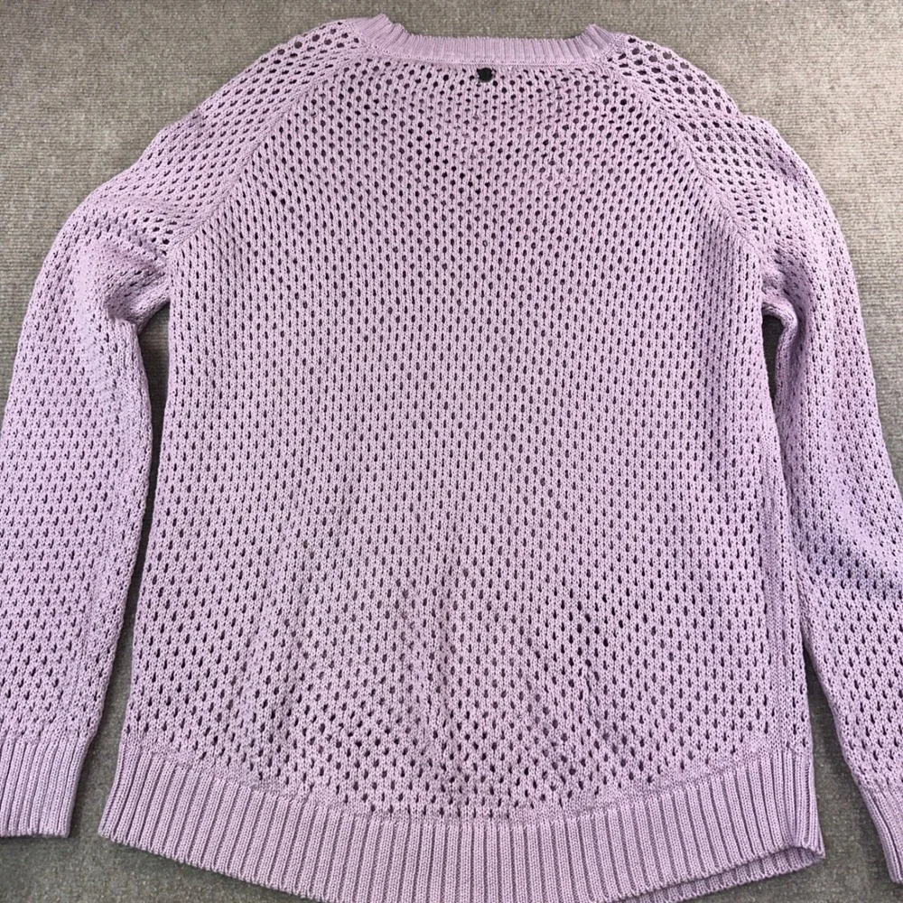Prana Womens Open Knit Crochet Sweater Lavender Purple Crew Neck Pullover Medium
